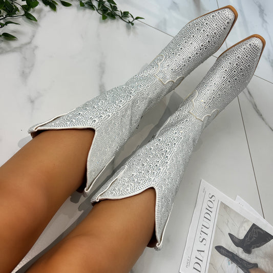 Grace Silver & White Embellished Cowboy Boots