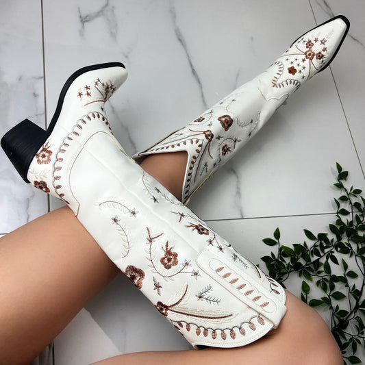 Cecilia Cream Knee high Cowboy Boots