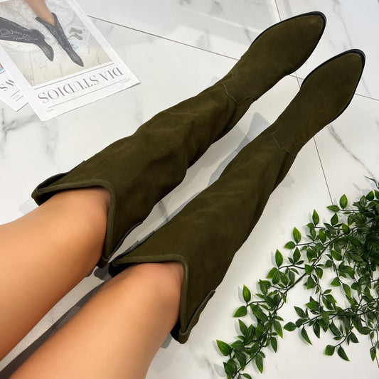 Christina Khaki Suede Cowboy Boots - Real leather